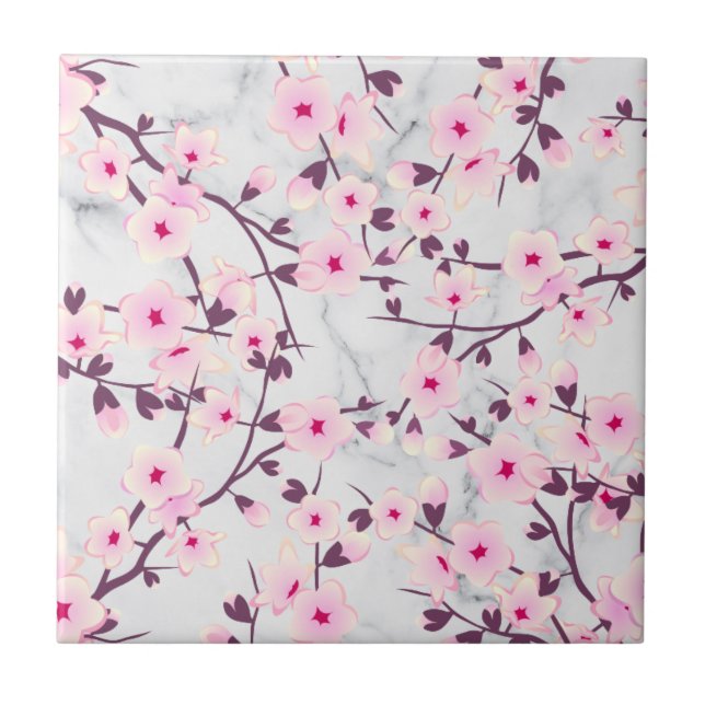 Blumenkirsche Blüten Rosa Leichgrauer Marmor Fliese (Vorderseite)