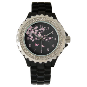 Blumenkirsche Blüten Rosa Schwarz Armbanduhr