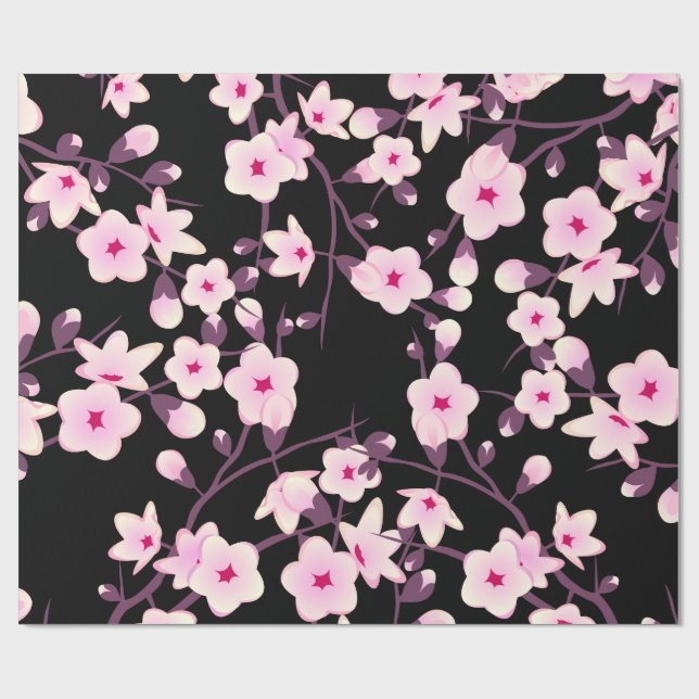 Blumenkirsche Blüten Rosa Schwarz Geschenkpapier (Flach)