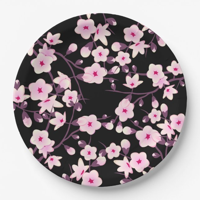 Blumenkirsche Blüten Rosa Schwarz Pappteller (Vorderseite)