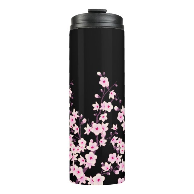 Blumenkirsche Blüten Rosa Schwarz Thermosbecher (Vorderseite)