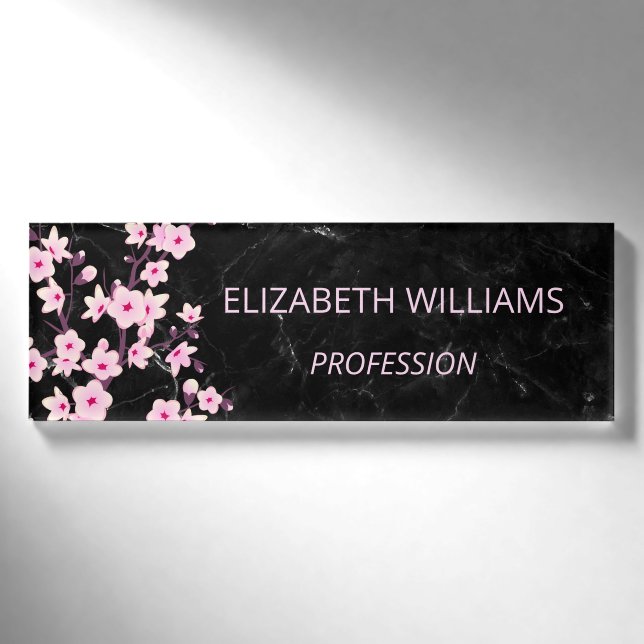 Blumenkirsche Blüten Rosa schwarzer Marmor Namenschild (Vorderseite)