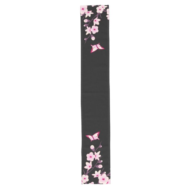 Blumenkirsche Blüten Schmetterlinge Rosa Schwarz Großer Tischläufer (Vorderseite)