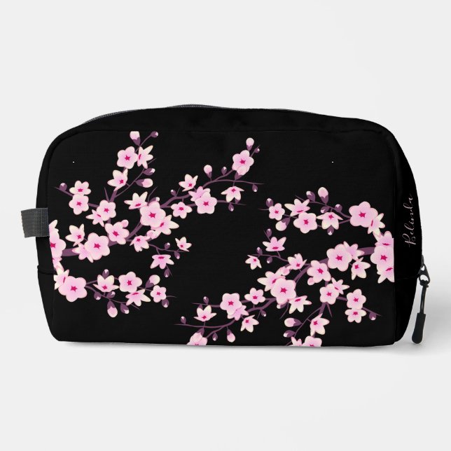 Blumenkirsche Blüten Schwarz Rosa | Dein Name Waschbeutel (Vorderseite)