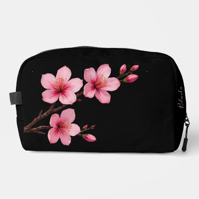 Blumenkirsche Blüten Schwarz Rosa | Dein Name Waschbeutel (Vorderseite)