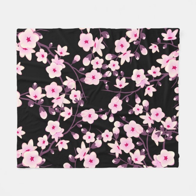 Blumenkirsche Blüten Schwarz Rosa Fleecedecke (Vorderseite (Horizontal))