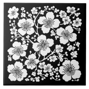 Blumenkirsche Muster Schwarz & Weiß Fliese