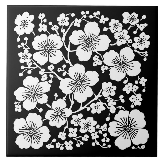Blumenkirsche Muster Schwarz & Weiß Fliese (Vorderseite)