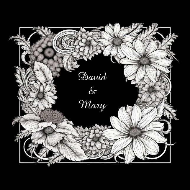 Blumenkissen mit Rahmenmuster Kissen (A black and white illustration features a floral frame surrounding the names "David & Mary.)