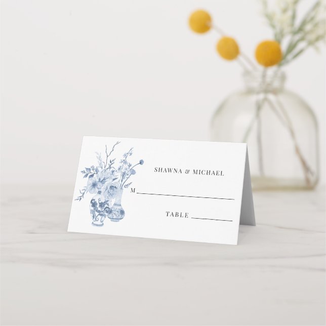 Blumenklassische Hochzeitsempfehlung in Blau und W Platzkarte (Vorderseite)
