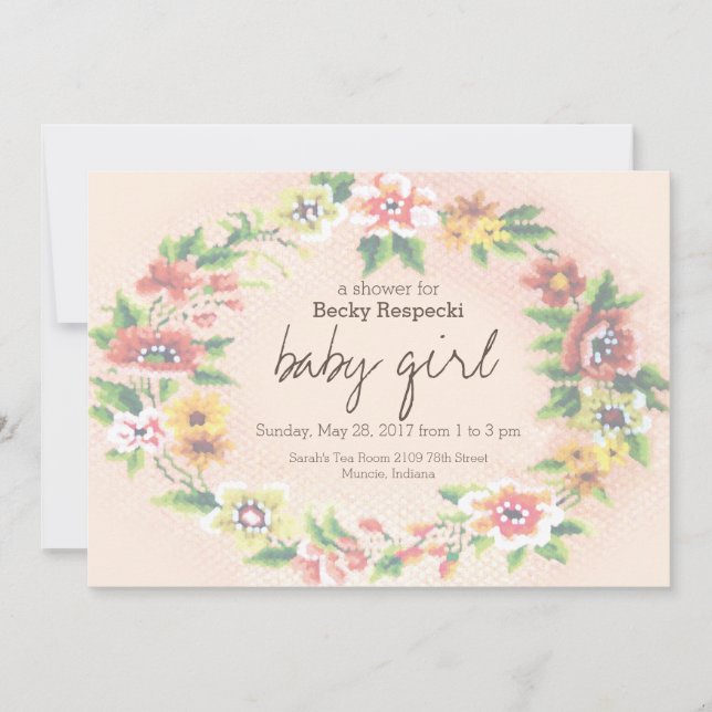 Blumenkleider Kreuzstich Kinderdusche Einladung (Vorderseite)