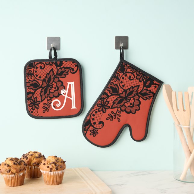 Blumenkochküche mit Monogramm Blume Ofenhandschuh & Topflappen-Set (Insitu (Hängend))