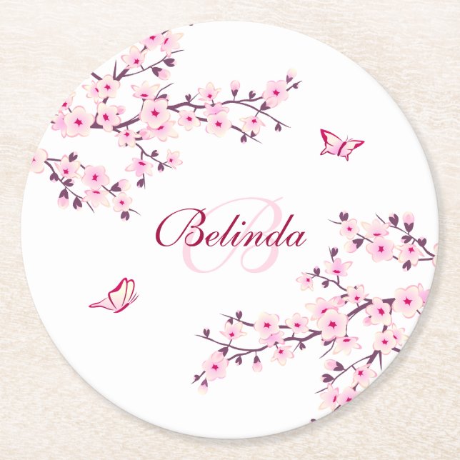 Blumenkohl Blüten Rosa Weißes Monogramm Name Ba Runder Pappuntersetzer (Vorderseite)