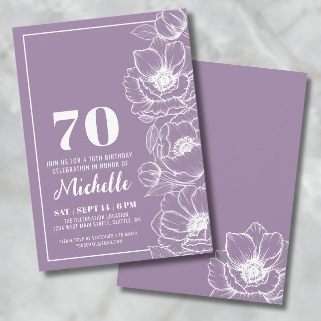 Blumenkohl Lila 70. Geburtstag Einladung (Floral Purple 70th Birthday Invitation)