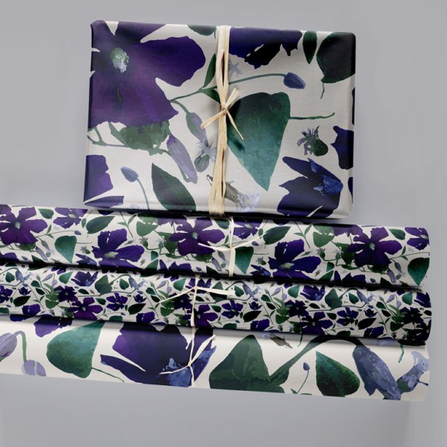 Blumenkohl Lila Clematis Trio Dekoupage Geschenk Geschenkpapier Set (Elegant Purple Floral Pattern Wrapping Paper Sheets. Jenn Steffen-Studio Posies.)