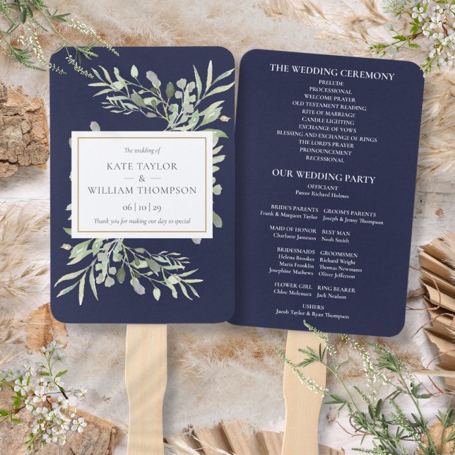 Blumenkohl-Programm Handfan Fächer (Navy Blue Greenery Wedding Program Hand Fan)