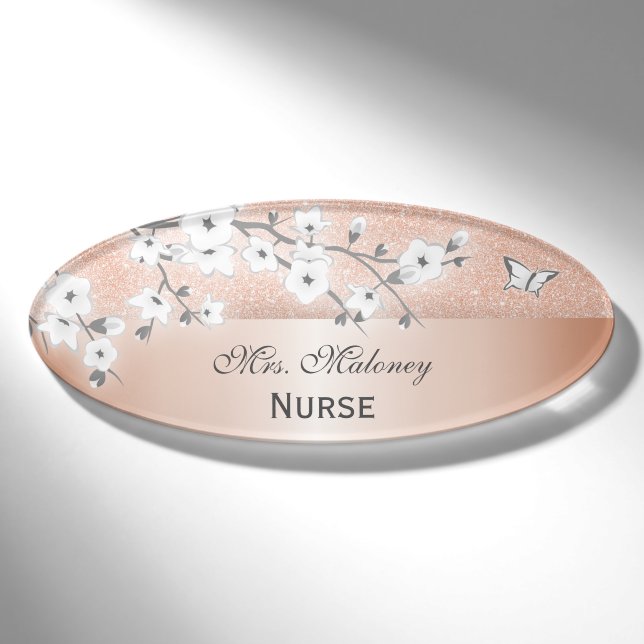 Blumenkohl Rose Gold Glitzer Weiß Namenschild (Vorderseite)