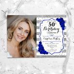 Blumenkönigsblau Silber Weißes Foto 50. Geburtstag Einladung<br><div class="desc">Elegante florale feminine 50. Geburtstagseinladung mit Ihrem Foto. Glam, weiß und königsblau Design mit Imitaten Glitzer Silber. Features Streifen, saphir blauen Rose, Skript-Schriftart und Konfetti. Ideal für ein stilvolles Party für Erwachsene. Personalisieren Sie Ihre persönlichen Daten. Kann für jedes Alter angepasst werden! Gedruckte Zazzle Einladungen oder Sofortdownload digitalen druckbaren Vorlage....</div>