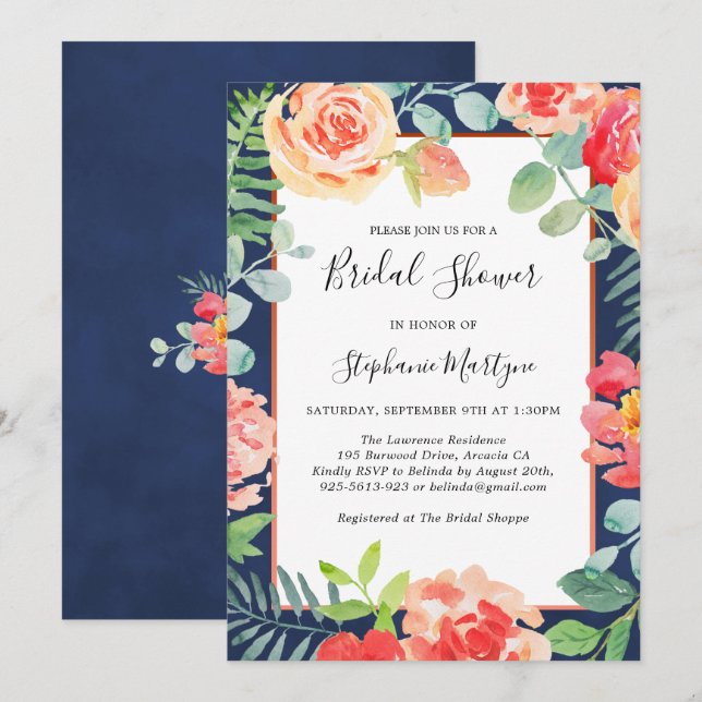 Blumenkoralle Foliage Navy Blue Brautparty Einladung (Vorne/Hinten)