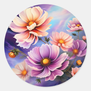 Blumenkosmos Wolken wirbeln auf Lila und blau Runder Aufkleber
