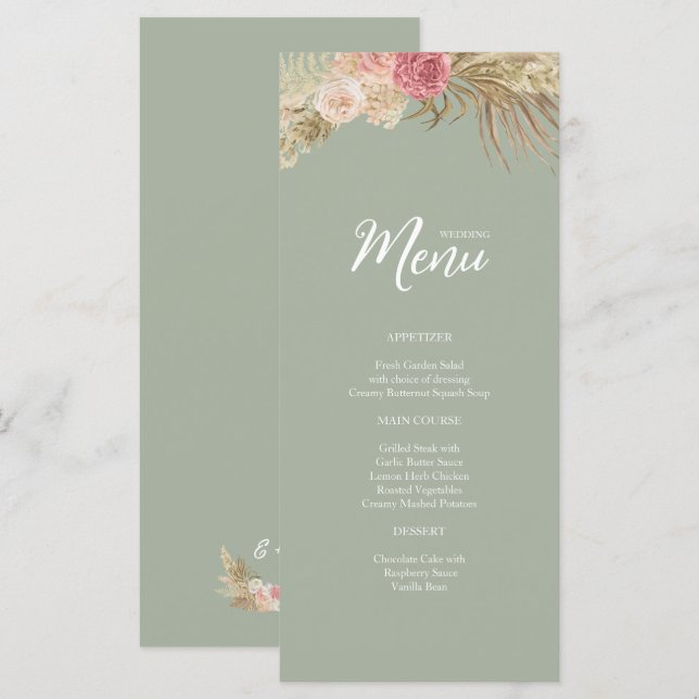 Blumenkost "Sage green Boho Floral Wedding Flat Me Menükarte (Vorne/Hinten)