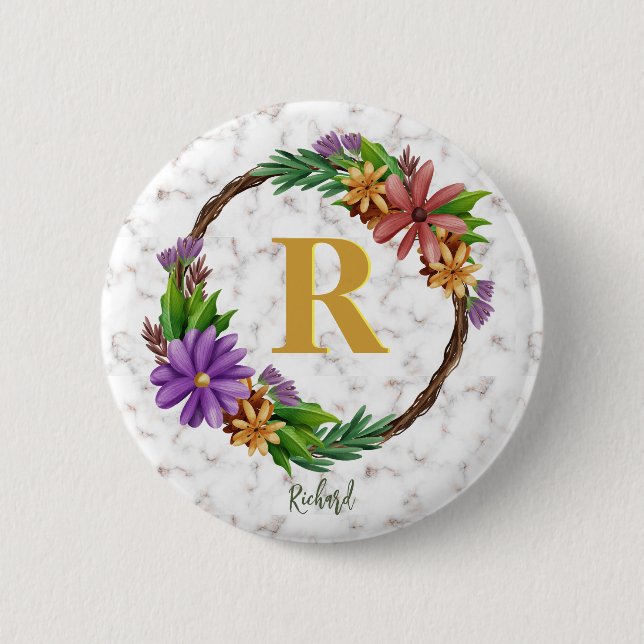 Blumenkranz Anfangsbuchstabe Monogramm Name Marmor Button (Vorderseite)