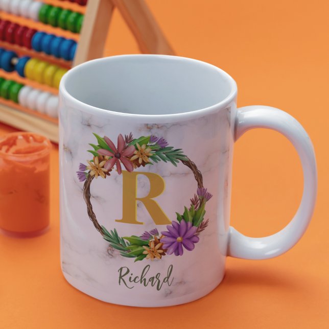 Blumenkranz Anfangsbuchstabe Monogramm Name Marmor Kaffeetasse (Von Creator hochgeladen)