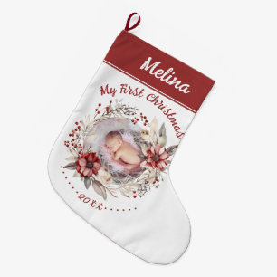 Blumenkranz Baby's First Christmas Foto rot Großer Weihnachtsstrumpf