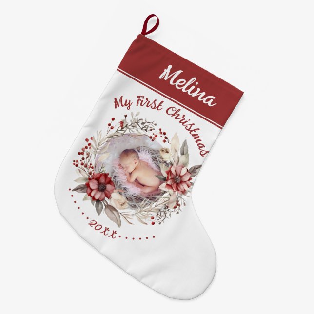 Blumenkranz Baby's First Christmas Foto rot Großer Weihnachtsstrumpf (Vorderansicht (hängend))