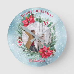 Blumenkranz der Weihnachtsfamilie Foto Runde Wanduhr