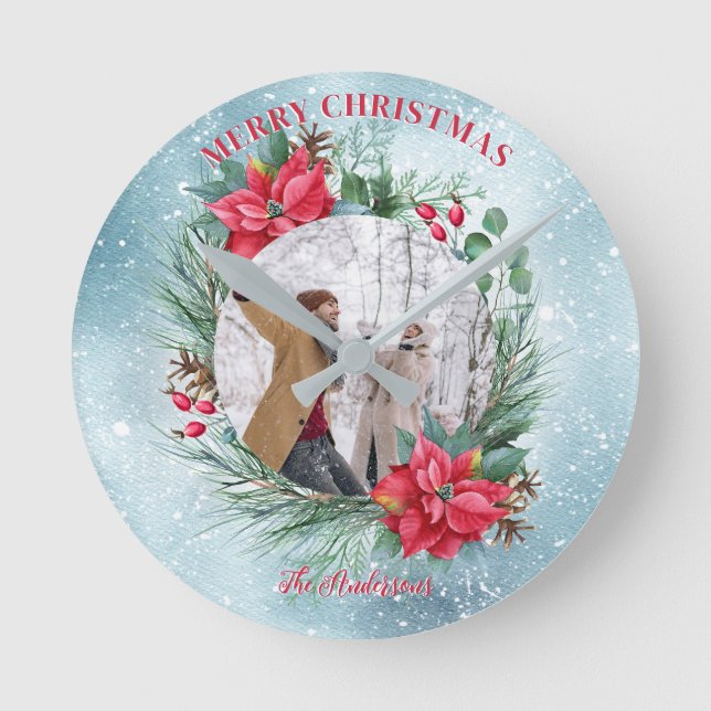 Blumenkranz der Weihnachtsfamilie Foto Runde Wanduhr (Vorderseite)