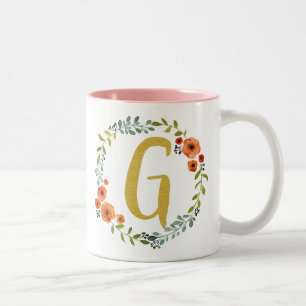 Blumenkranz Gold Monogramm Anfangsbuchstabe G Zweifarbige Tasse