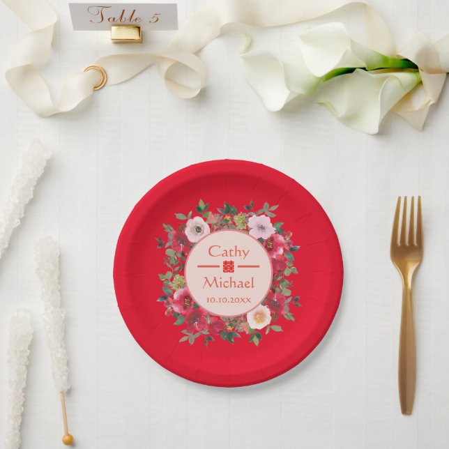Blumenkranz im Roten Kreis, moderne chinesische Ho Pappteller (Hochzeit)