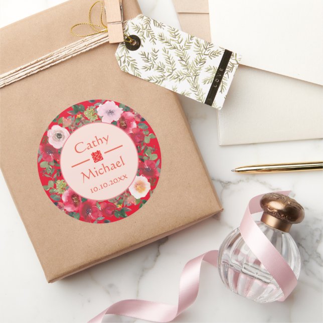 Blumenkranz im Roten Kreis, moderne chinesische Ho Runder Aufkleber (Schenken)