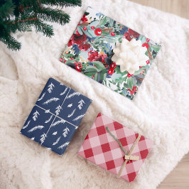 Blumenkranz kariert-blaue Weihnachtsfeiern Geschenkpapier Set