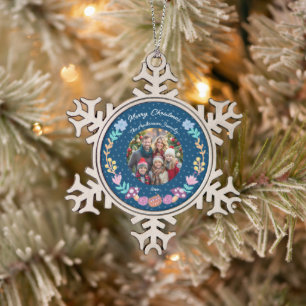 Blumenkranz Katzenjägerschiff Weihnachtsfest Foto Schneeflocken Zinn-Ornament