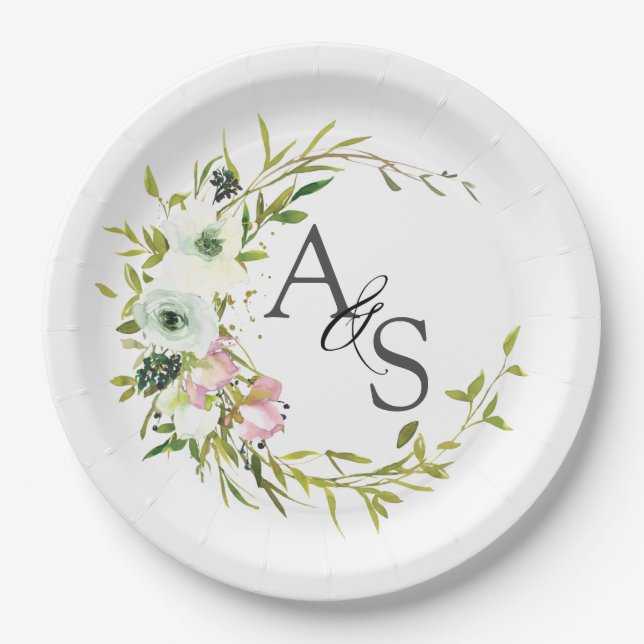 Blumenkranz mit Monogramm Blush & White Pappteller (Vorderseite)