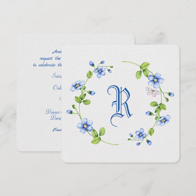 Blumenkranz mit Monogramm Einladung (Vorne/Hinten)