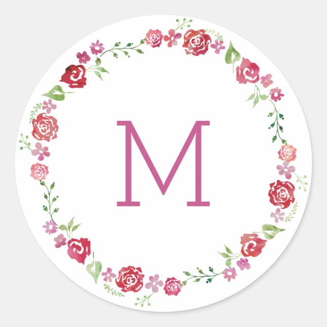 Blumenkranz mit Monogramm-Erstkleber für Rose Runder Aufkleber (Vorderseite)