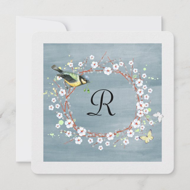 Blumenkranz mit Monogramm und Vogel Einladung (Vorderseite)