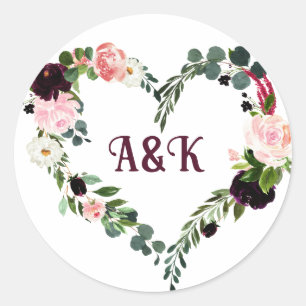 Blumenkranz MONOGRAMM Boho Burgund  Runder Aufkleber