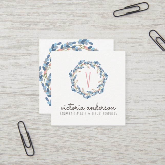 BlumenKranz-Monogramm-Visitenkarte Quadratische Visitenkarte (Vorderseite/Rückseite Beispiel)