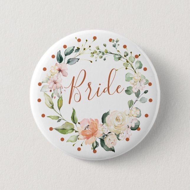 Blumenkranz und grüne Blätter, Polka dot Bride Button (Vorderseite)