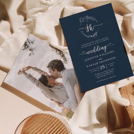Blumenkraut-Hochzeit des Blauen Monogram-Fotos Einladung