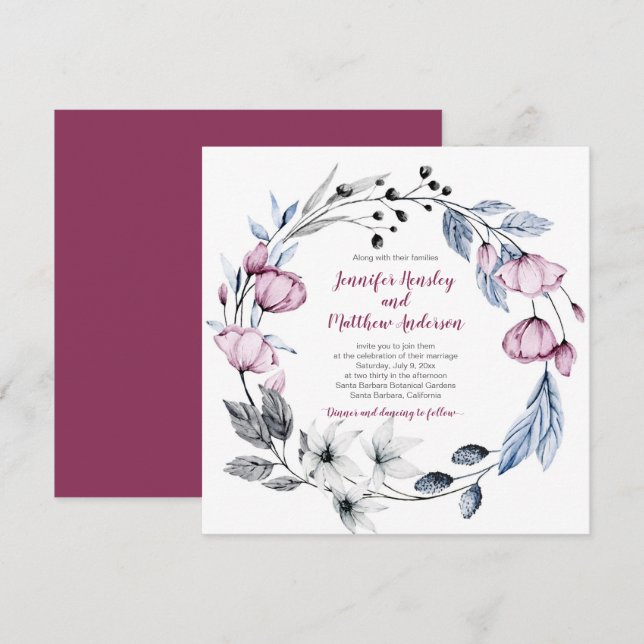 Blumenkraut-Hochzeit in Rosa und Blau | Einladung (Vorne/Hinten)