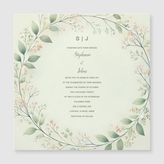 Blumenkraut Wappen Monogram Sage Green Wedding Magneteinladung (Vorderseite)