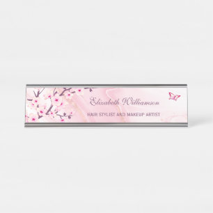Blumenkrebs Blossom Rosa Marmorhaar und Schminke  Schreibtischnamensplakette