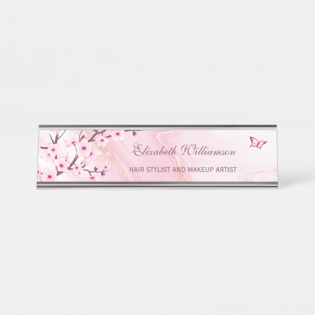 Blumenkrebs Blossom Rosa Marmorhaar und Schminke  Schreibtischnamensplakette (Vorderseite )