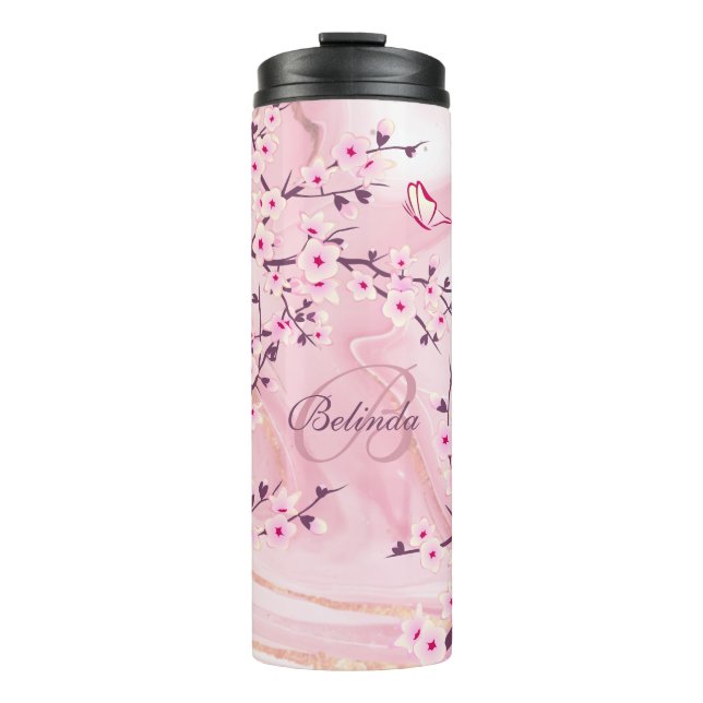 Blumenkrebs Blüten Rosa Marmornamenmonogramm  Thermosbecher (Vorderseite)