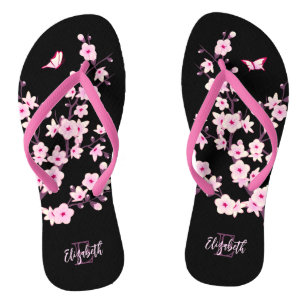 Blumenkrebs Blüten Rosa Schwarzer Name Monogramm Flip Flops